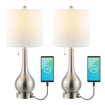 Tyler 24" Modern Classic Gourd Iron LED Table Lamp with Pull-Chain with Dual USB Charging Port - JONATHAN Y